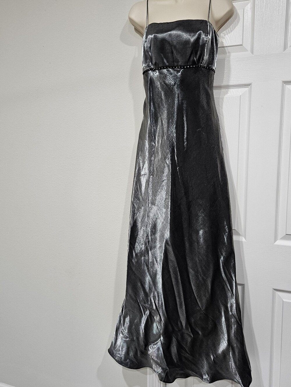 Vintage 90s Elegant Black Satin Slip Dress with Beaded Waist